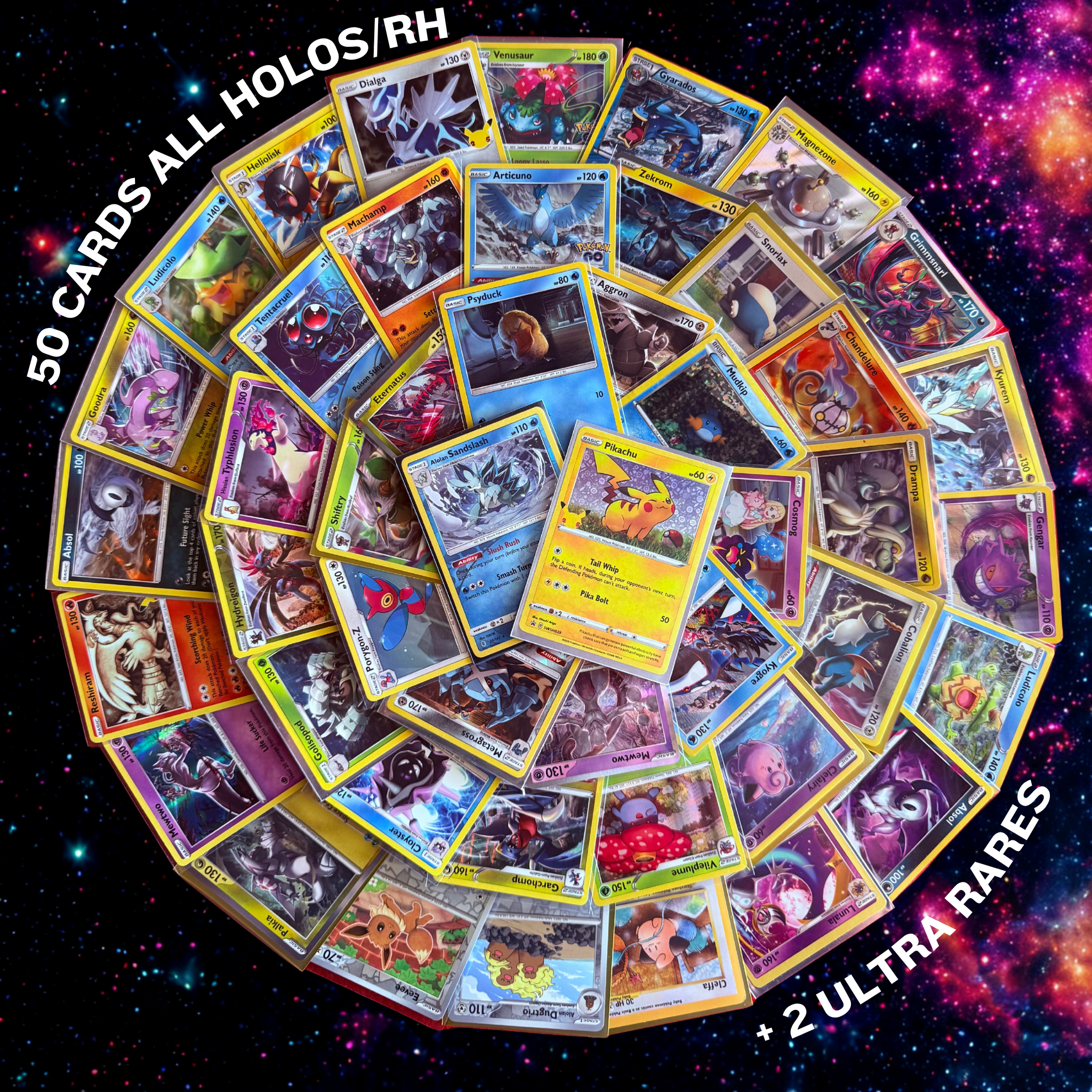50 ALL HOLO/Reverse Holo Pokemon Cards + 2 Ultra Rare V, VMAX, EX, GX, Radiant Rare, Full Art