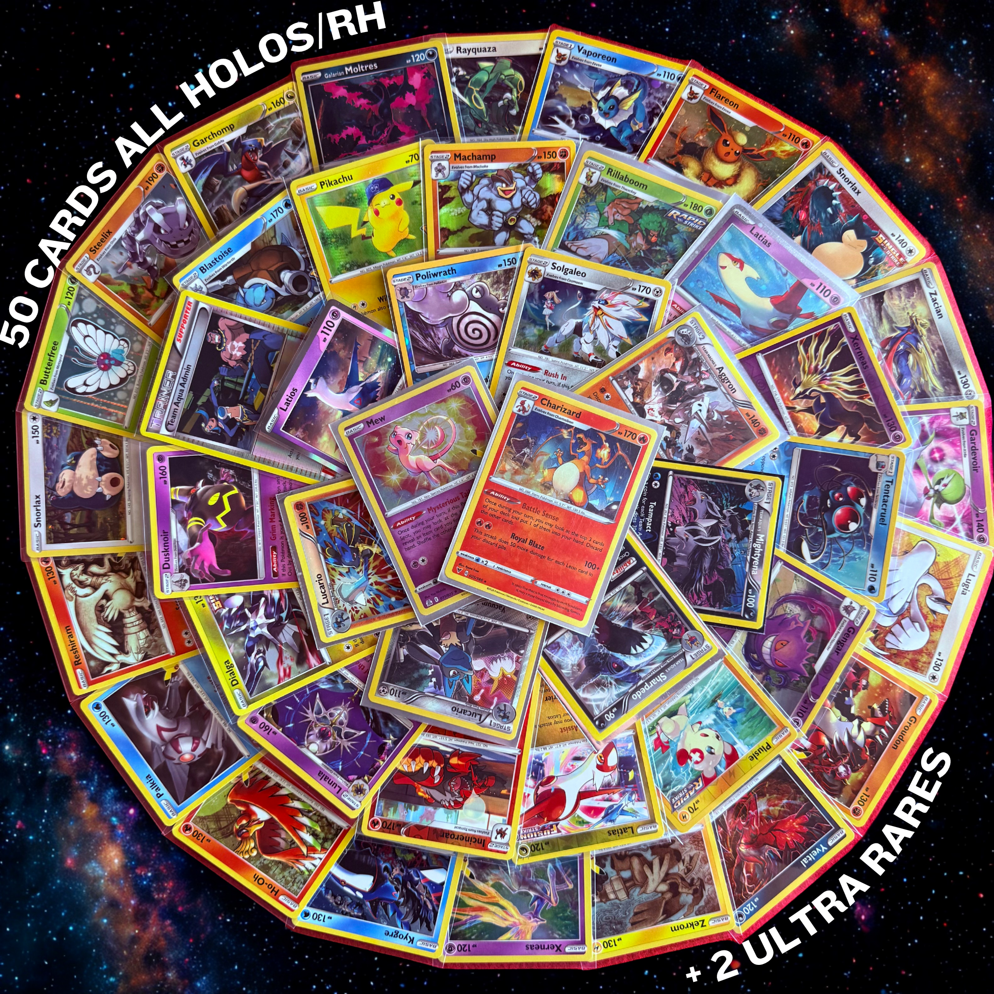 50 ALL HOLO/Reverse Holo Pokemon Cards + 2 Ultra Rare V, VMAX, EX, GX, Radiant Rare, Full Art