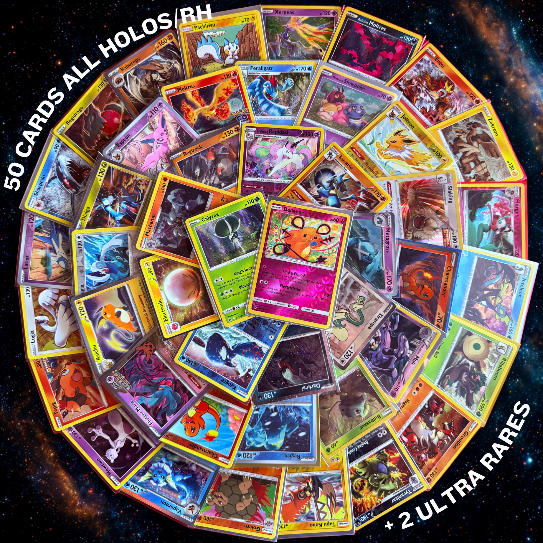50 ALL HOLO/Reverse Holo Pokemon Cards + 2 Ultra Rare V, VMAX, EX, GX, Radiant Rare, Full Art